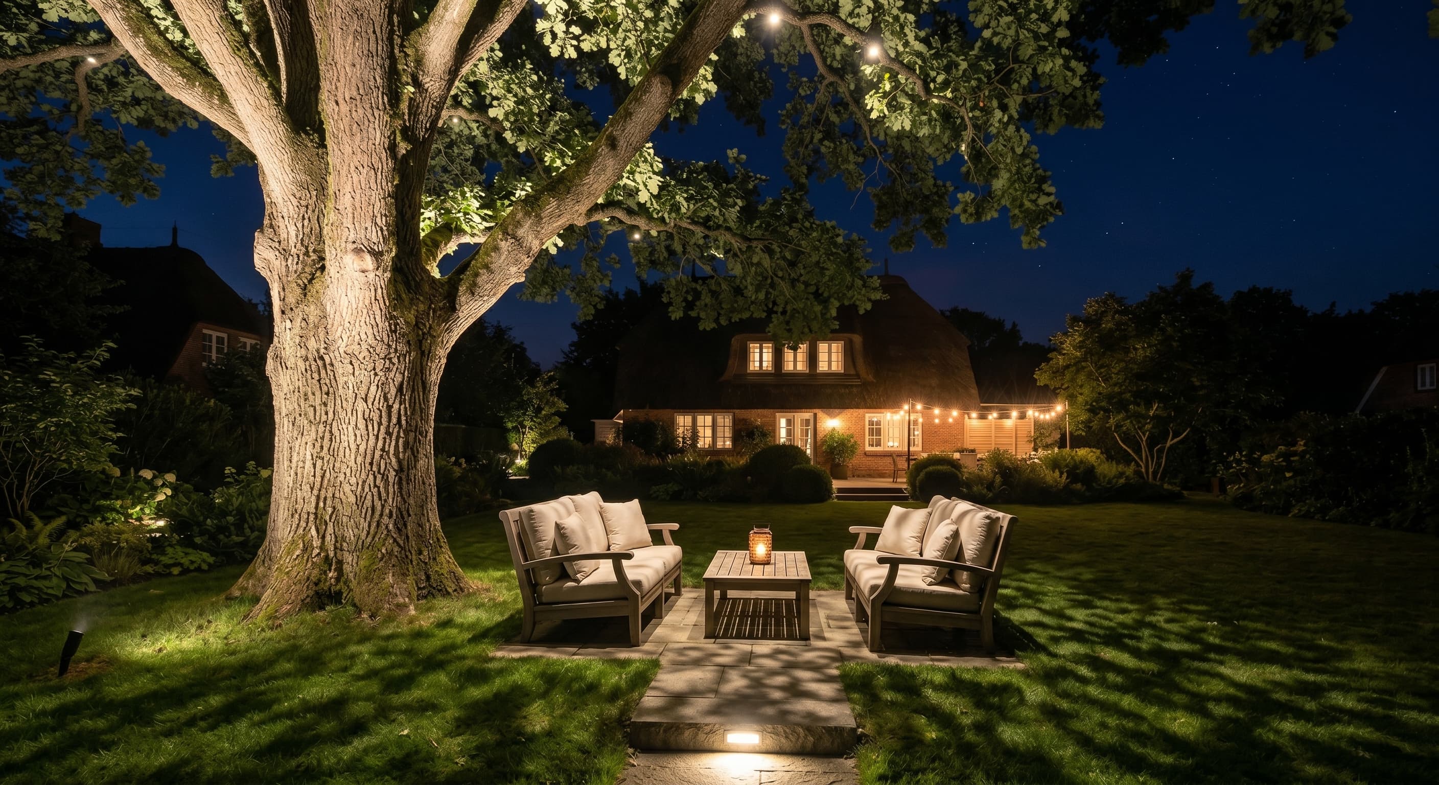 Downlighting: Weiches Licht fällt durch die Baumkrone nach unten – Moonlighting-Effekt