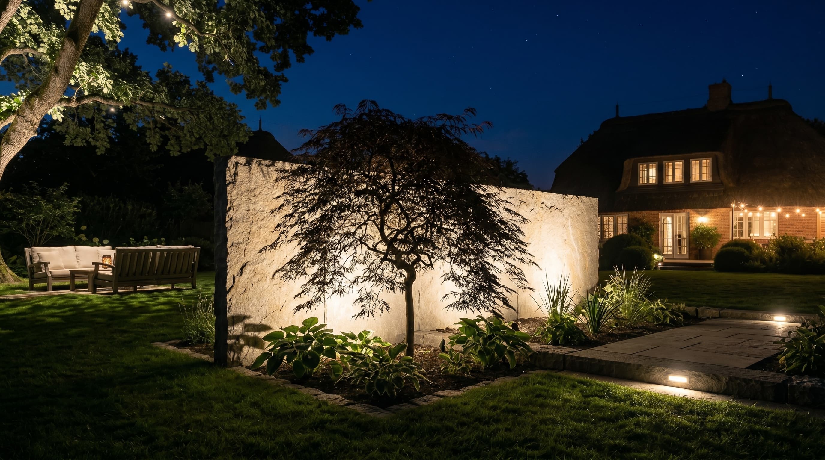Silhouettenbeleuchtung: Baum als dunkle Silhouette vor beleuchteter Gartenmauer