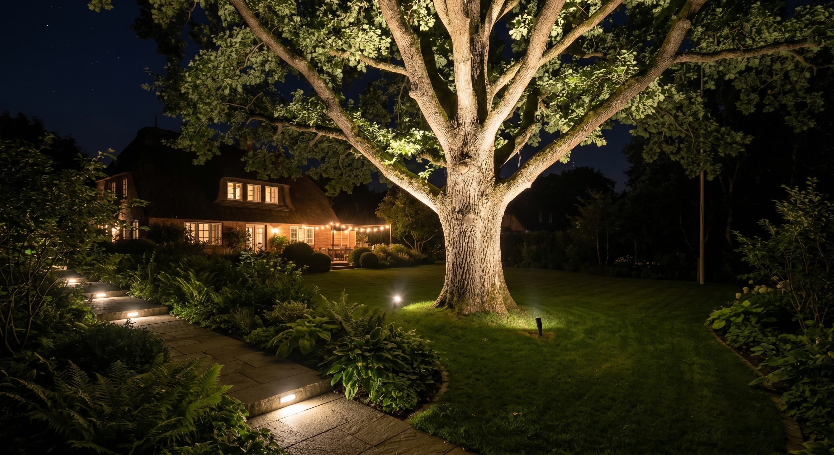 Uplighting: Baum von unten angestrahlt mit warmweißen Erdspießstrahlern