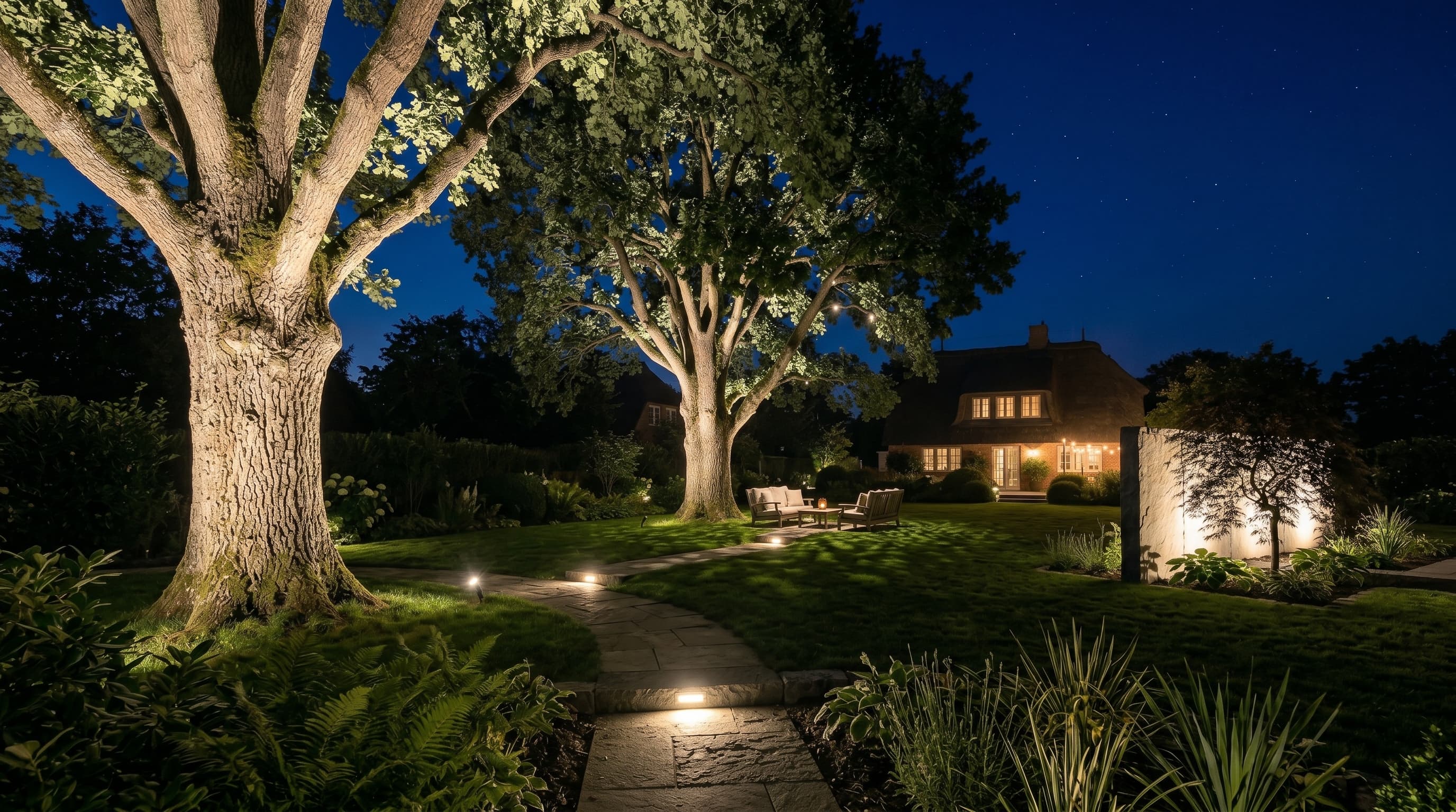 Drei Baumbeleuchtungs-Techniken im Garten: Uplighting, Downlighting und Silhouettenbeleuchtung