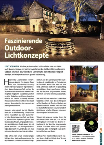 Magazinseite GL KOMPAKT Herbst 2026: „Faszinierende Outdoor-Lichtkonzepte“ mit dem beleuchteten Brunnen auf Gut Asselborn